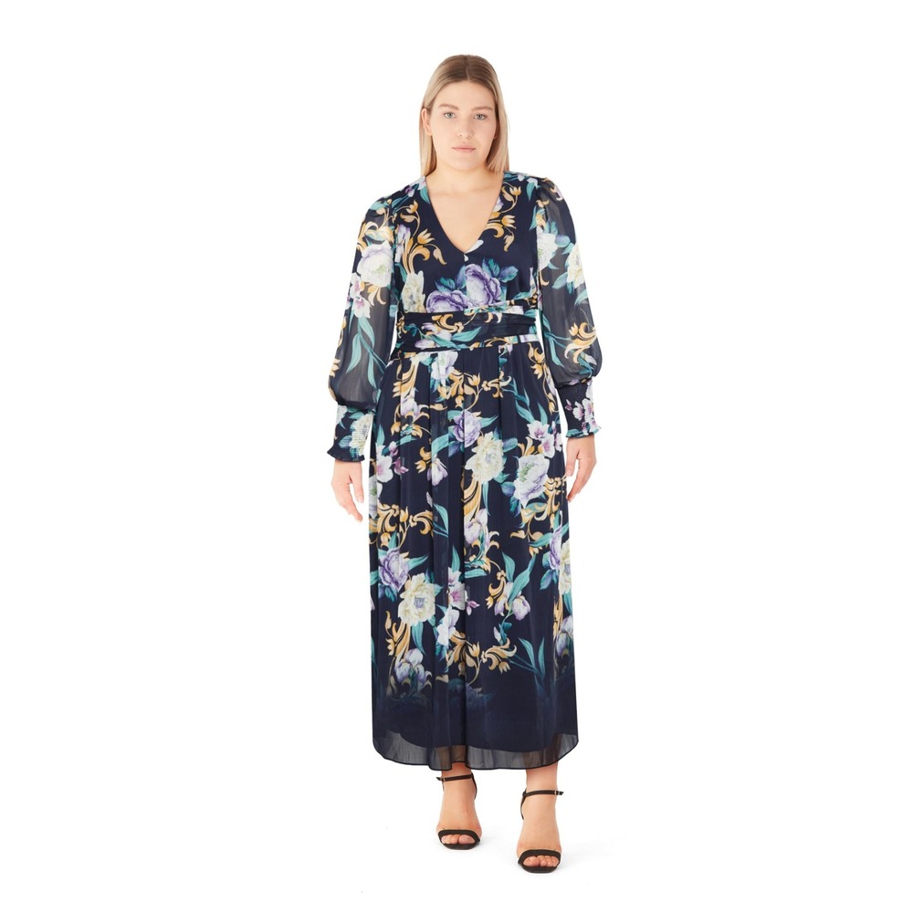 City Chic Navy Floral Baroque Maxi Dress V-Neck Long Sleeve Smocked Waist M NWT